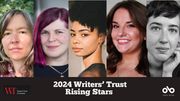 2024 Writers' Trust Rising stars banner. Image of all five authors who were awarded the honour, including EC Dorgan, Paola Ferrante, Daysha Loppie, Aubrianna Snow, and Karianne Trudeau Beaunoyer. Black footer section below with text overlaid, Writers' Trust logo to the bottom left and Open Book logo to the bottom right.