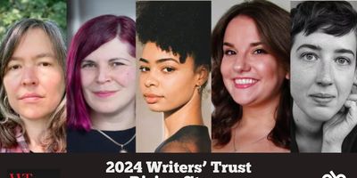 2024 Writers' Trust Rising stars banner. Image of all five authors who were awarded the honour, including EC Dorgan, Paola Ferrante, Daysha Loppie, Aubrianna Snow, and Karianne Trudeau Beaunoyer. Black footer section below with text overlaid, Writers' Trust logo to the bottom left and Open Book logo to the bottom right.