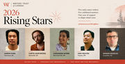 Banner for the Writers' Trust of Canada 2026 Rising Stars program. The top section features the program title in large text with a decorative starburst icon, alongside text reading 'Five early-career writers. Five celebrated mentors. One year of support to shape what's next.' and the URL writerstrust.com/RisingStars. A faded forest landscape appears in the background. Below are five portrait photographs of the selected writers arranged in a row: Aaron Chan from Vancouver, BC; Curtis John McRae from Senneville, QC; Cassandra Myers from Richmond Hill, ON; Vinh Nguyen from Toronto, ON; and Siavash Saadlou from Coquitlam, BC. A coral-colored footer displays program benefits: '$5,000 PRIZE • PERSONALIZED MENTORSHIP • TWO-WEEK WRITING RESIDENCY.