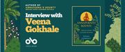 Interview with Veena Gokhale, author of Annapurna's Bounty: Indian Food Legends Retold banner. Background image from cover of stylized Indian tapestry with rich greens and beiges over green depicting a palm tree and also various plants and wheats. Solid green section to centre of banner with text and Open Book logo overlaid, and full cover image to centre-right of banner, same tapestry in full with depiction of Annapurna in silhouette in yellow sunlike shape with title and author name below.